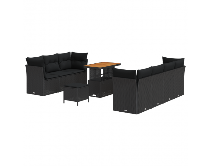 Комплект градински диван Sonata H с 10 части с възглавници Черен Поли рогозка Акация