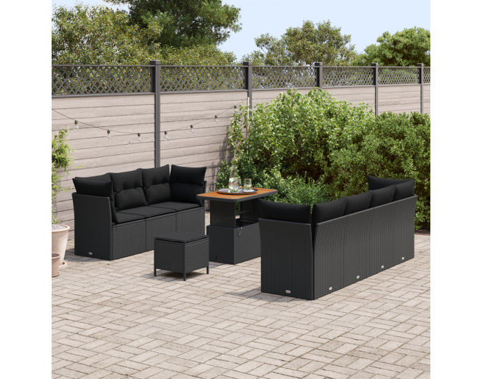 Комплект градински диван Sonata H с 10 части с възглавници Черен Поли рогозка Акация