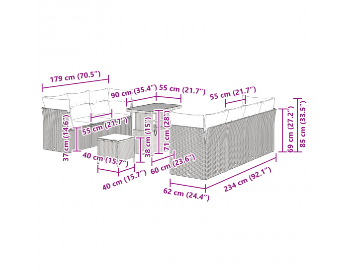 Sonata H 10 Нормен Градински Диван Комплект с Възглавници Сив Полиратаан Акация