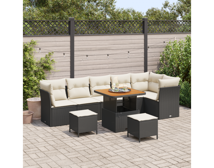 9-частен комплект градински диван с възглавници Черен полиестерен ратан и акация