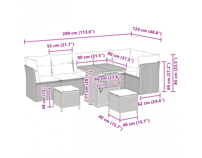 9-частен комплект градински диван с възглавници Черен полиестерен ратан и акация