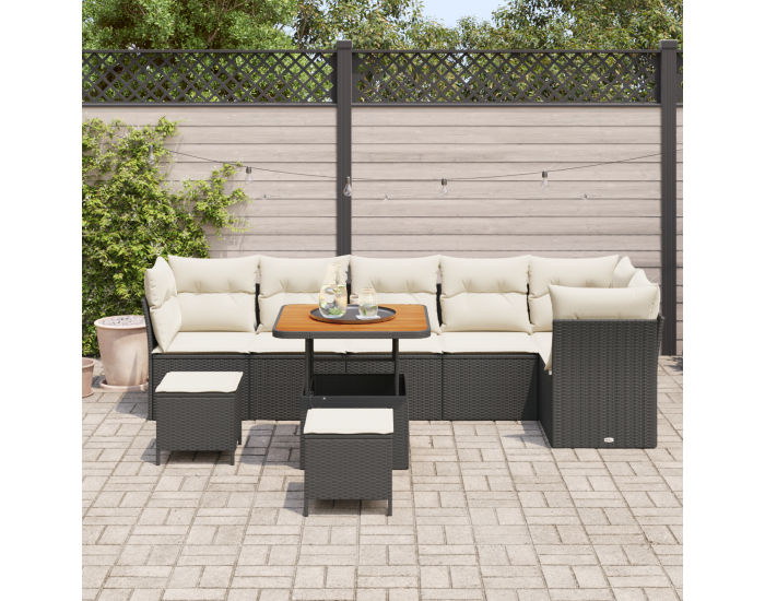 9-частен комплект градински диван с възглавници Черен полиестерен ратан и акация