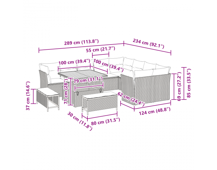 Sonata H 12-частен градински диван комплект с възглавници черен полиратан акация