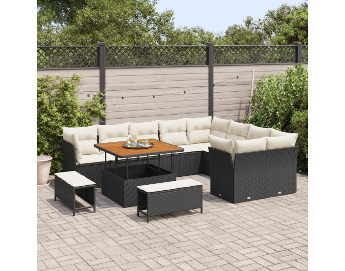 Sonata H 12-частен градински диван комплект с възглавници черен полиратан акация
