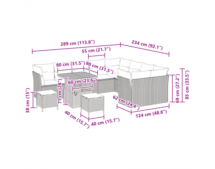 Градински комплект дивани Sonata H с 12 части и възглавници Черен Полиратан Акация