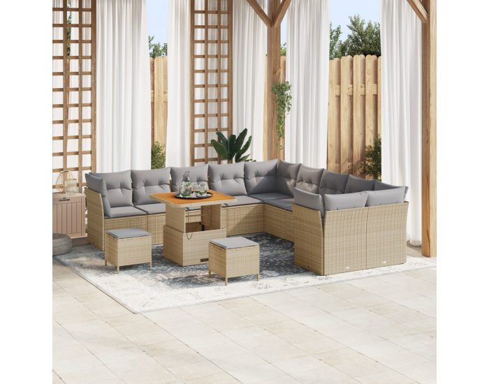 Sonata H 13-частен градински диван комплект с възглавници Бежов Полиратан Акация