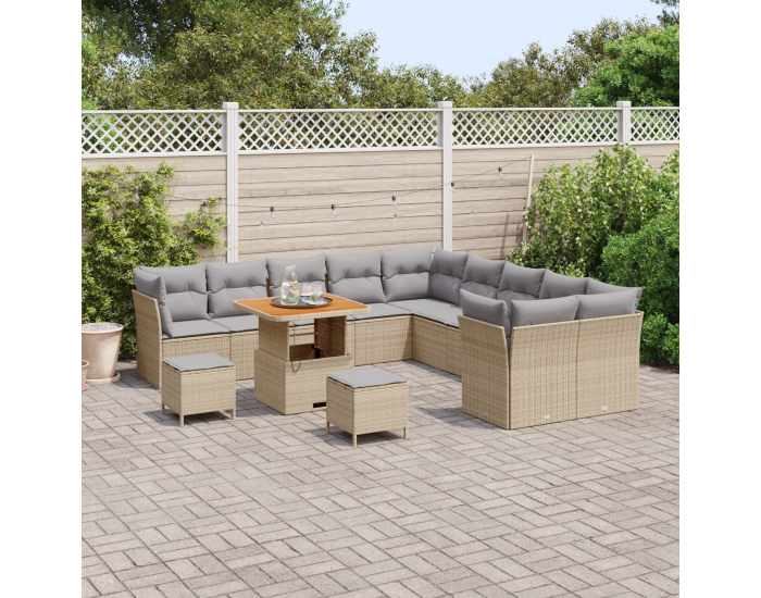 Sonata H 13-частен градински диван комплект с възглавници Бежов Полиратан Акация