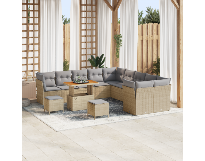 Комплект от 13 части градински диван с възглавници бежов полиротан акация