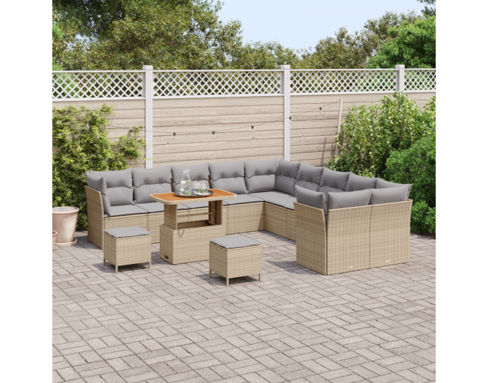 Комплект от 13 части градински диван с възглавници бежов полиротан акация