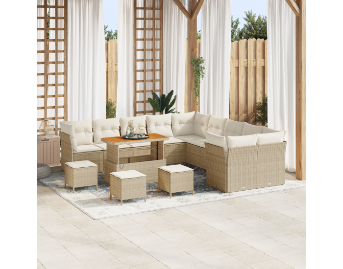 Sonata H 14 парчета комплект диван за градина с възглавници Бежов Полиратан Акация