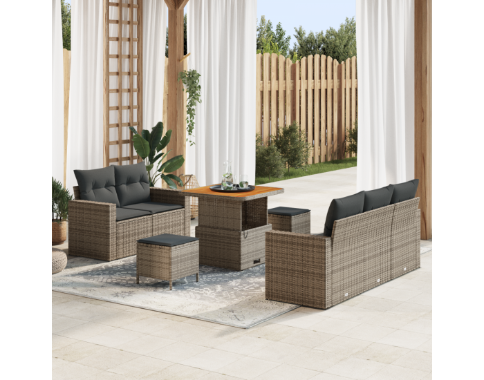 Градински Диван Комплект от 8 Части с Възглавници Сиво Полиратан Акация