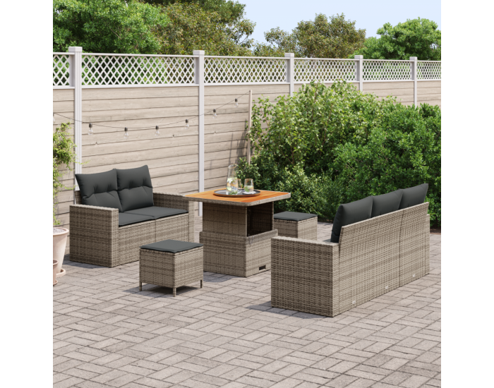 Градински Диван Комплект от 8 Части с Възглавници Сиво Полиратан Акация