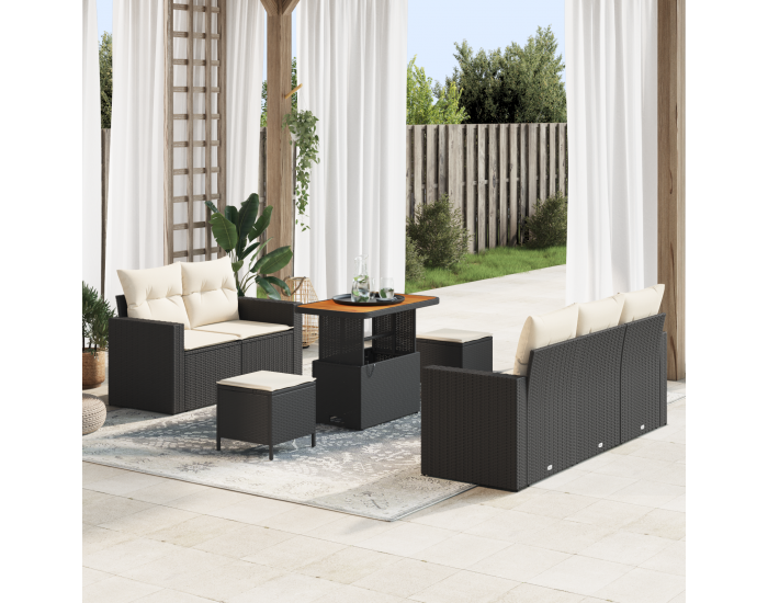 8 части градински диван с възглавници Черен полиратан Акация