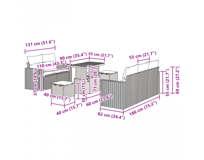 8 части градински диван с възглавници Черен полиратан Акация
