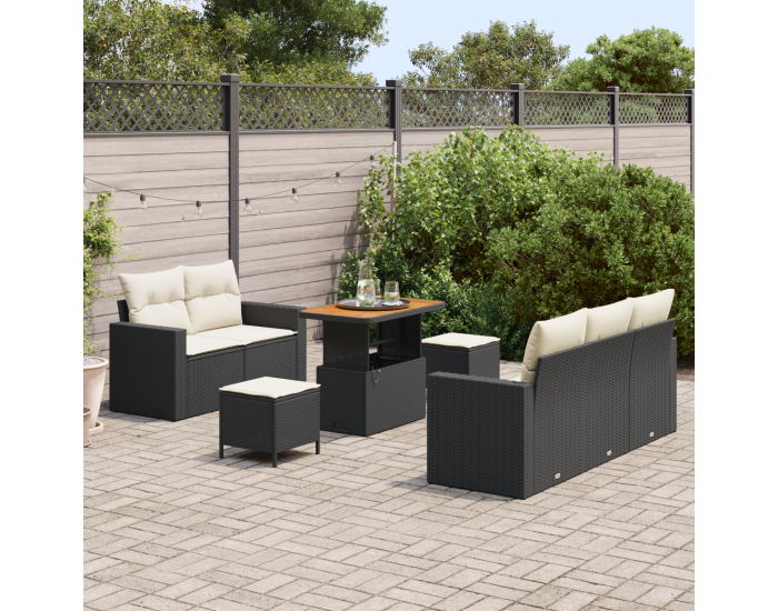 8 части градински диван с възглавници Черен полиратан Акация