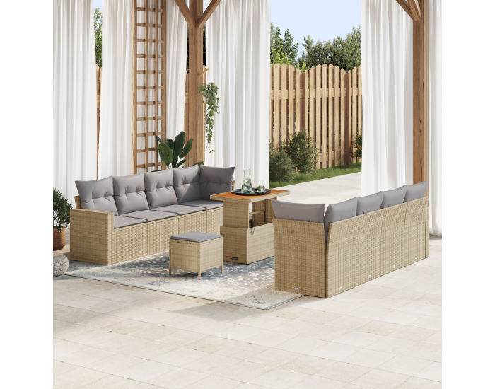 Sonata H 11 Частен Градински Диван Комплект с Възглавници Бежов Полирана Ратан Акация