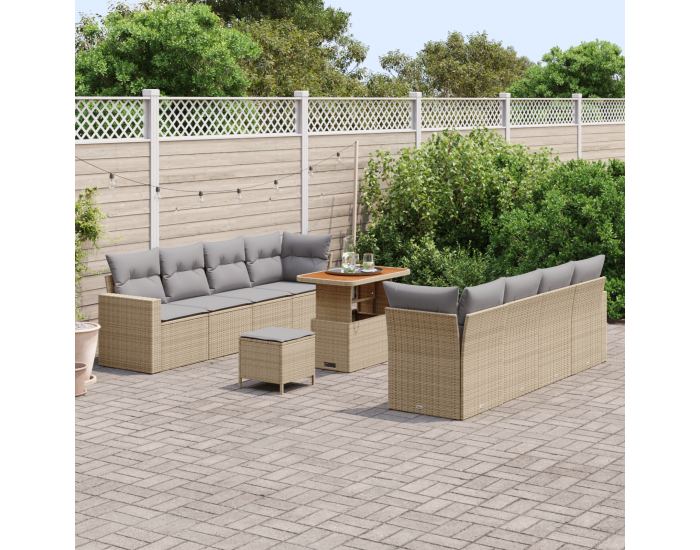 Sonata H 11 Частен Градински Диван Комплект с Възглавници Бежов Полирана Ратан Акация