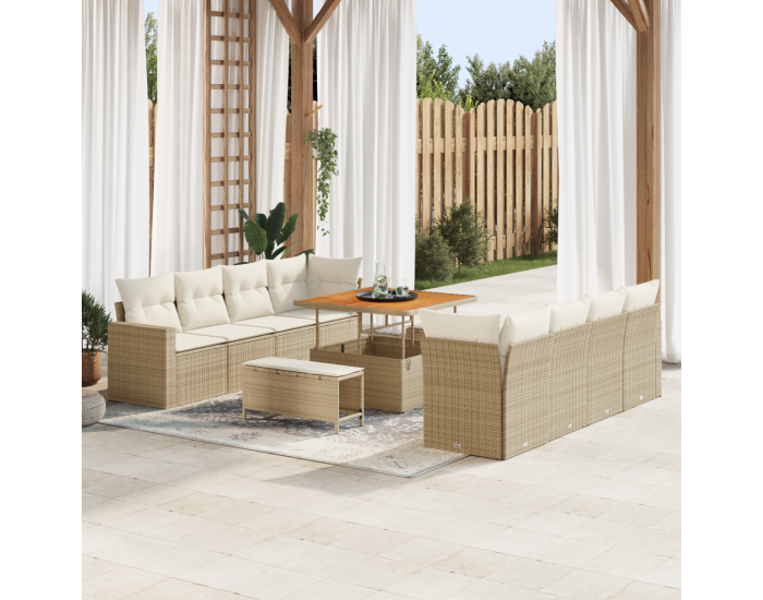 11-частов комплект градински дивани с възглавници бежов полиратан акация