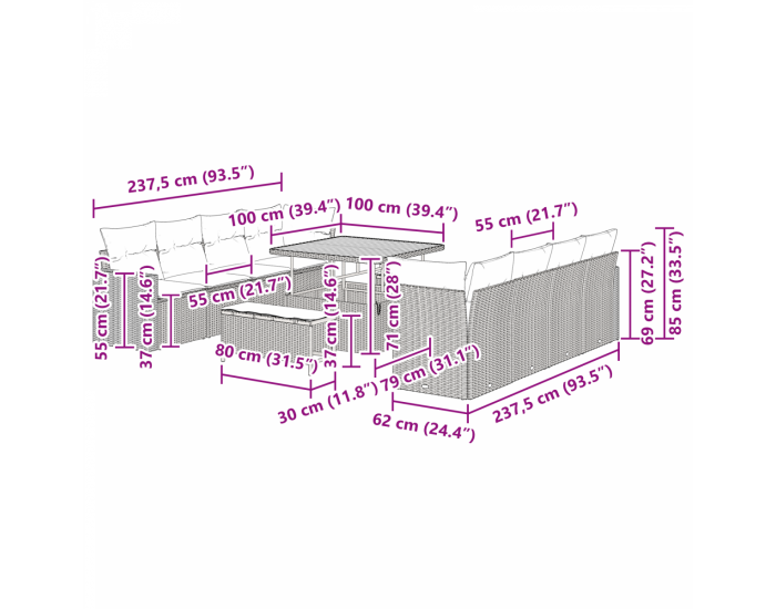 11-частов комплект градински дивани с възглавници бежов полиратан акация