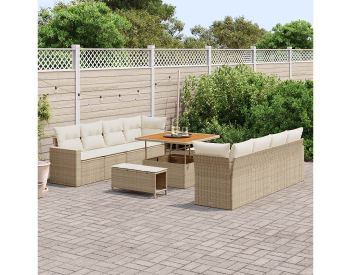 11-частов комплект градински дивани с възглавници бежов полиратан акация