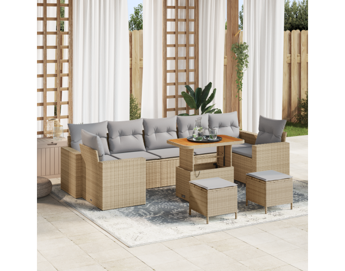 Sonata H 10 части комплект градински диван с възглавници в бежов полиратан и акация