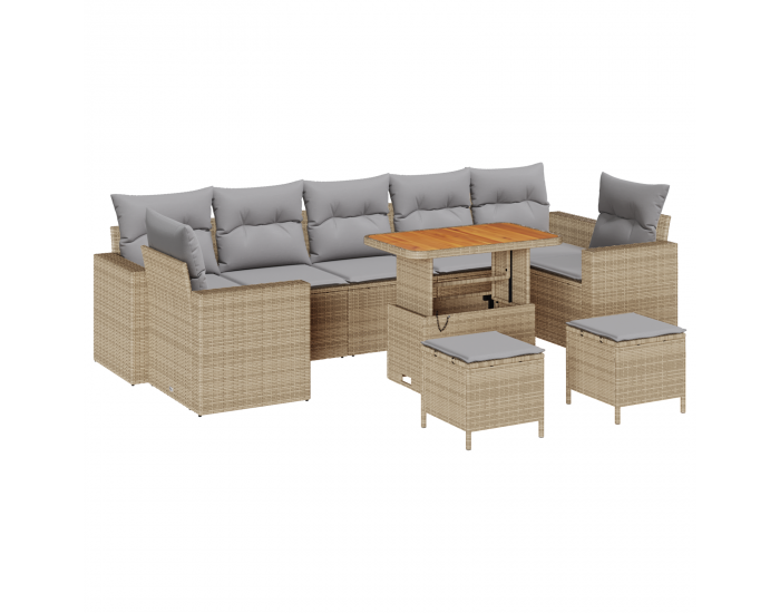 Sonata H 10 части комплект градински диван с възглавници в бежов полиратан и акация