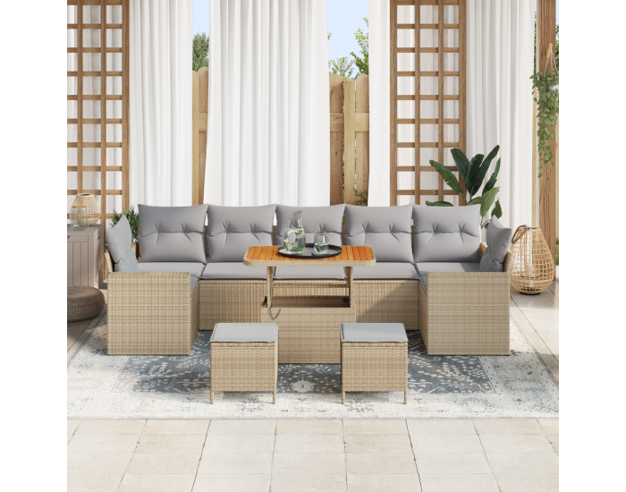 Sonata H 10 части комплект градински диван с възглавници в бежов полиратан и акация