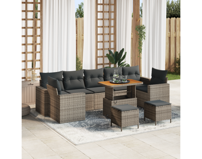 Sonata H 10 Часов Градински Диван С Възглавници в Сиво Полиратан и Акация