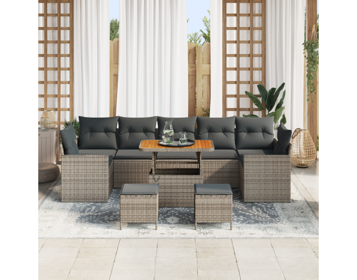 Sonata H 10 Часов Градински Диван С Възглавници в Сиво Полиратан и Акация