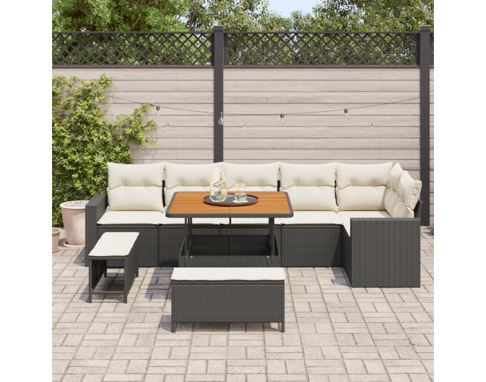 9-местен комплект градински диван с възглавници Черен полиратан акация