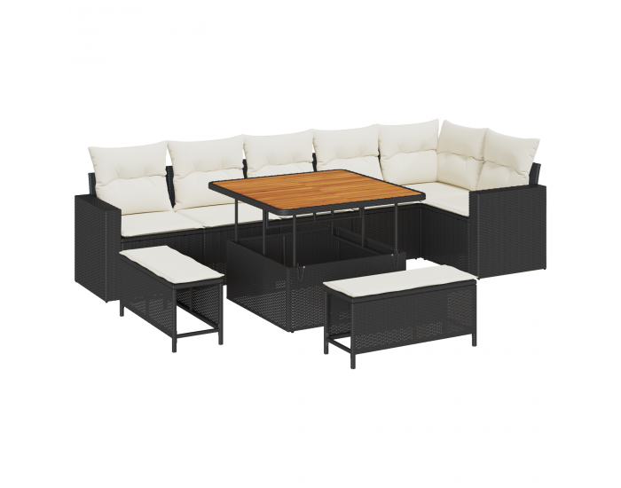 9-местен комплект градински диван с възглавници Черен полиратан акация