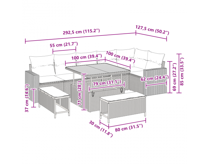 9-местен комплект градински диван с възглавници Черен полиратан акация