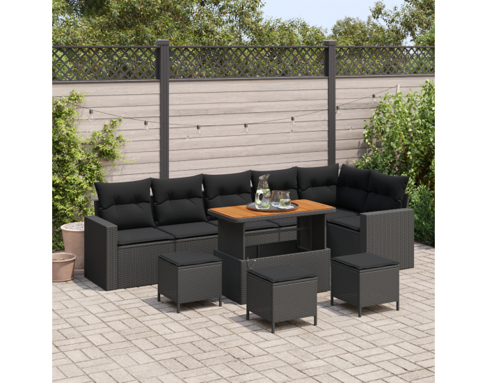 Sonata H 10 частен градински диван комплект с възглавници Черен Полиратан Акация