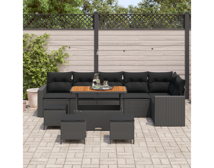 Sonata H 10 частен градински диван комплект с възглавници Черен Полиратан Акация