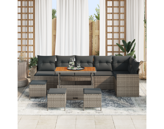 Sonata H 10 Часов Градински Диван Комплект с Възглавници Сив Полиратан Акация