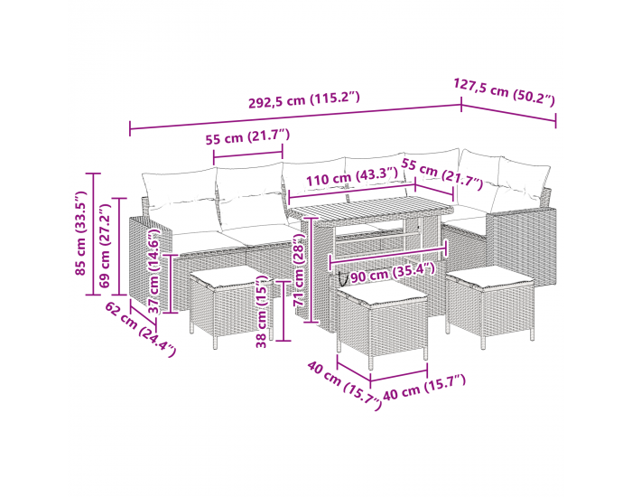 Sonata H 10 Часов Градински Диван Комплект с Възглавници Сив Полиратан Акация