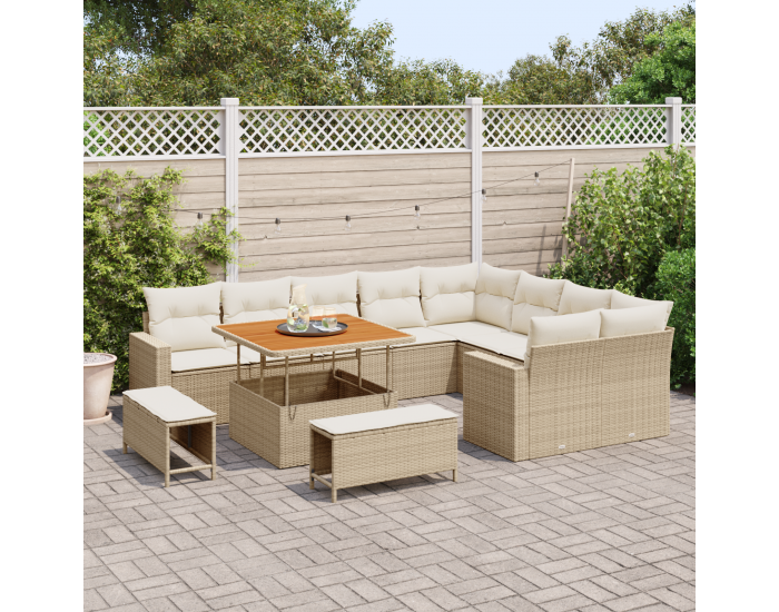 Sonata H 12 Часовен Градински Диван Комплект с Възглавници Бежов Полимерен Ратан Акация