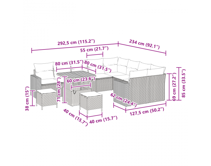 Sonata H 12-частов комплект дивани за градина с възглавници сив полиратан акация