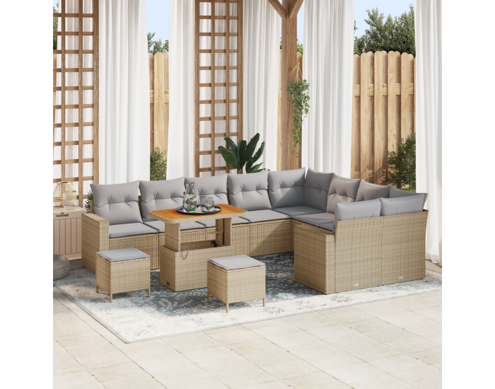 Sonata H 12 Членен Комплект Градински Диван с Възглавници Бежов Полиратан Акация