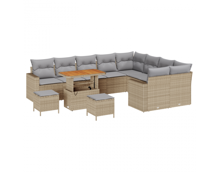 Sonata H 12 Членен Комплект Градински Диван с Възглавници Бежов Полиратан Акация