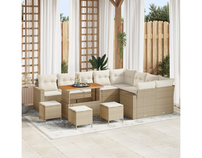 Sonata H 13 Частен Градински Диван Комплект с Възглавници Бежов Полиратан Акация