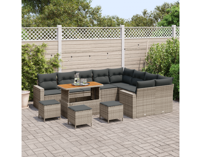 Sonata H 13-частов комплект диван за градина с възглавници Сиво Поли Ратан Акация