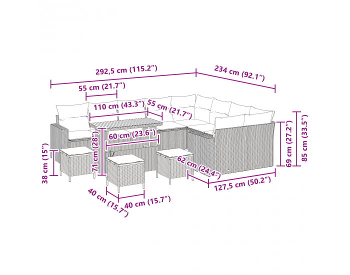 Sonata H 13-частов комплект диван за градина с възглавници Сиво Поли Ратан Акация