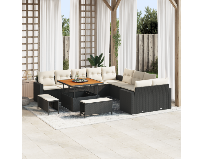 Комплект от 13 части градински диван с възглавници черен полиратан акация