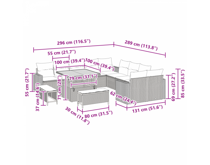 Комплект от 13 части градински диван с възглавници черен полиратан акация