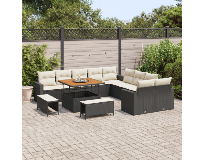 Комплект от 13 части градински диван с възглавници черен полиратан акация