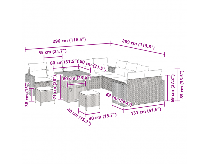 Sonata H 13 Часть Градински Диван Комплект с Възглавници Черен Полиратан Акация