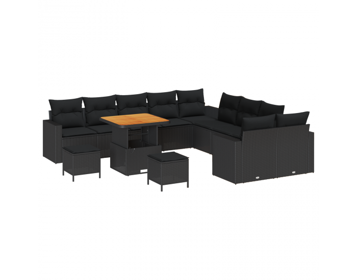 Sonata H 13 Часть Градински Диван Комплект с Възглавници Черен Полиратан Акация