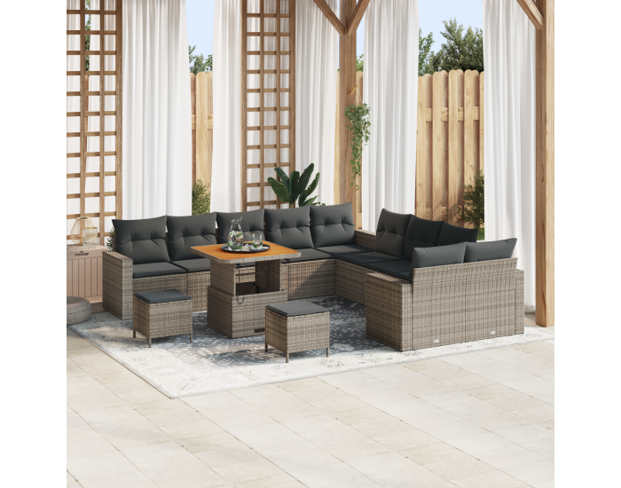 Sonata H 13 Частен Градински Диван Комплект с Възглавници Сив Полиратан Акация