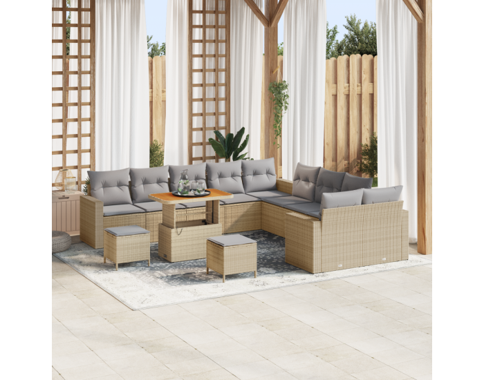 Комплект градински диван Sonata H с 13 части с възглавници Бежов Полирационен акация